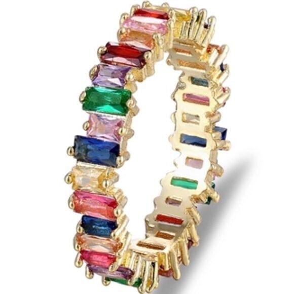 Rainbow Crystal Crooked Baguette Eternity Band Ring NWT - Picture 1 of 7